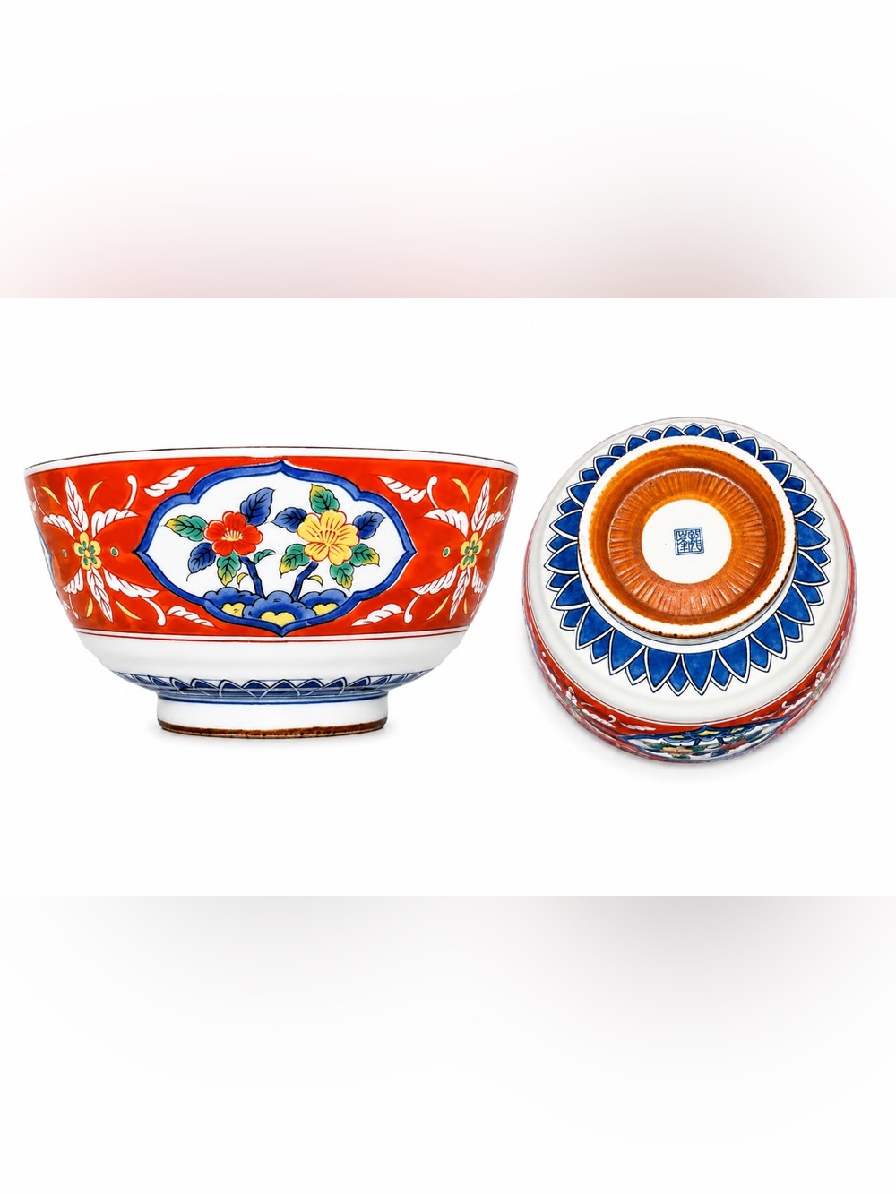 Hand-Painted Floral Ceramic Bowl - Red and Blue
